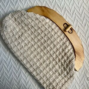 Vintage Cream Woven Clutch with Wooden Accent